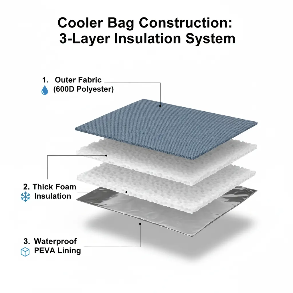 An infographic diagram showing the three layers of a cooler bag: outer fabric, foam insulation, and inner PEVA lining.