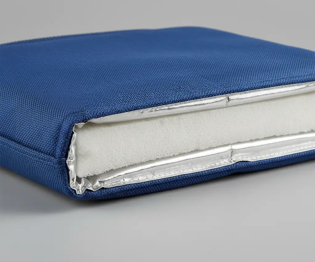 A cross-section view of the cooler bag wall, showing the outer fabric, thick foam insulation, and the waterproof PEVA lining.