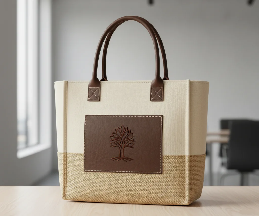 A premium canvas and jute tote bag with an elegant embroidered logo and a leather patch.