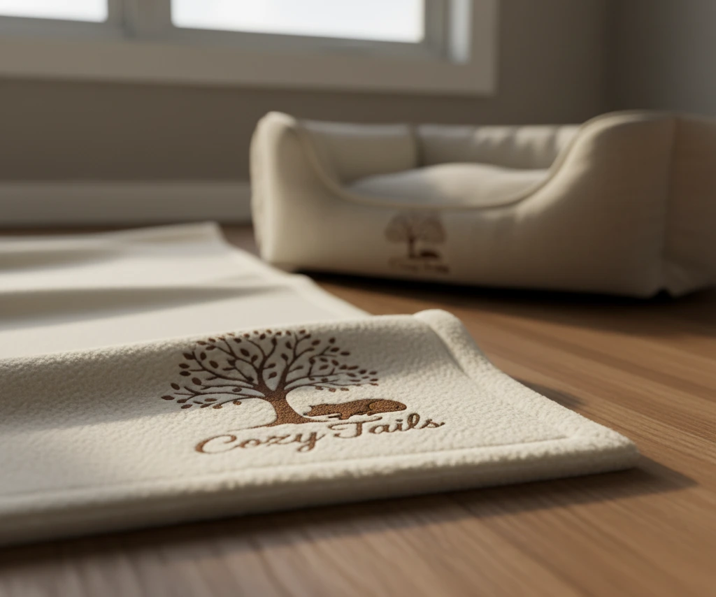 A soft and cozy recycled fleece pet blanket with a beautifully embroidered brand logo in the corner.