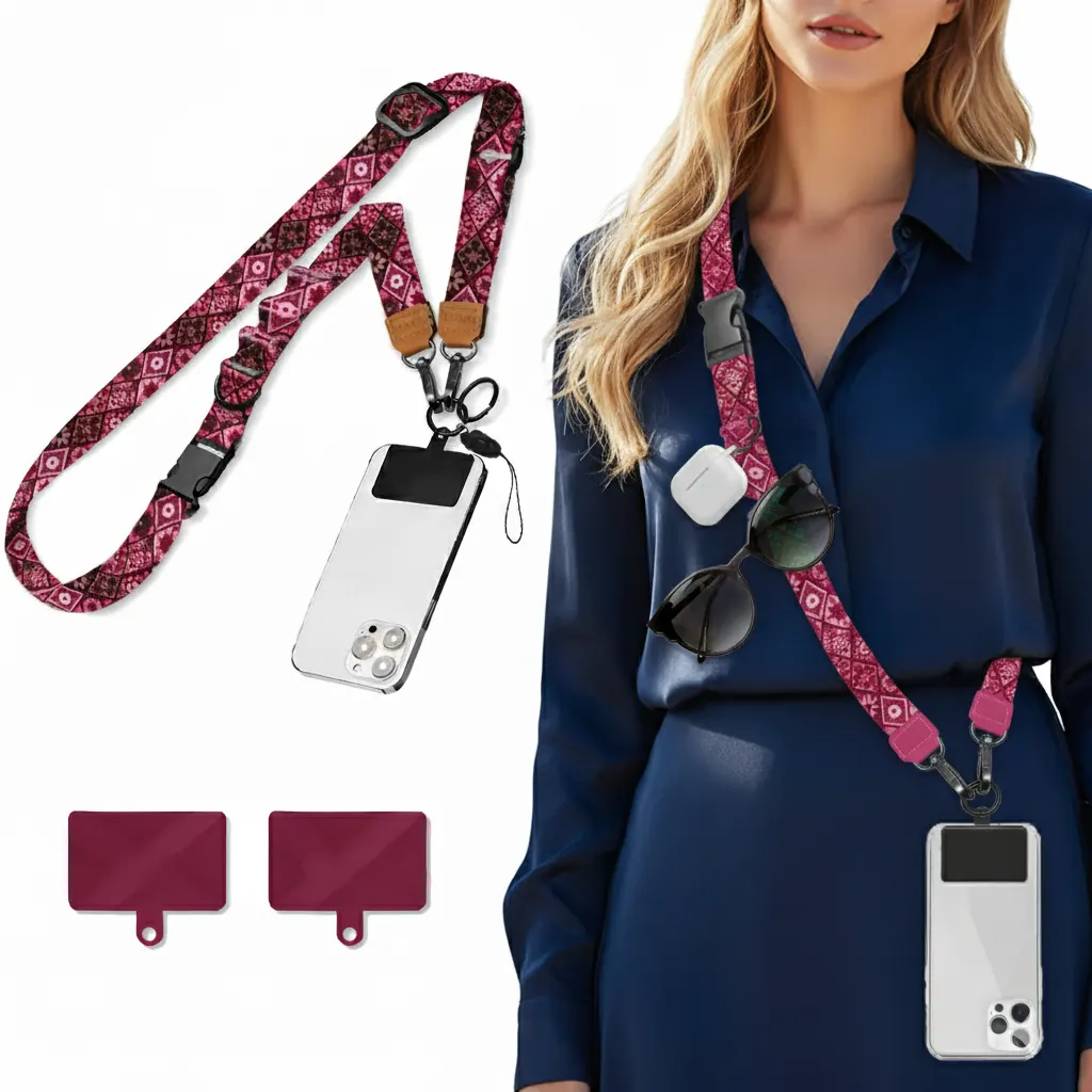 A professional wearing a sleek, custom-branded crossbody phone lanyard in a modern office setting.