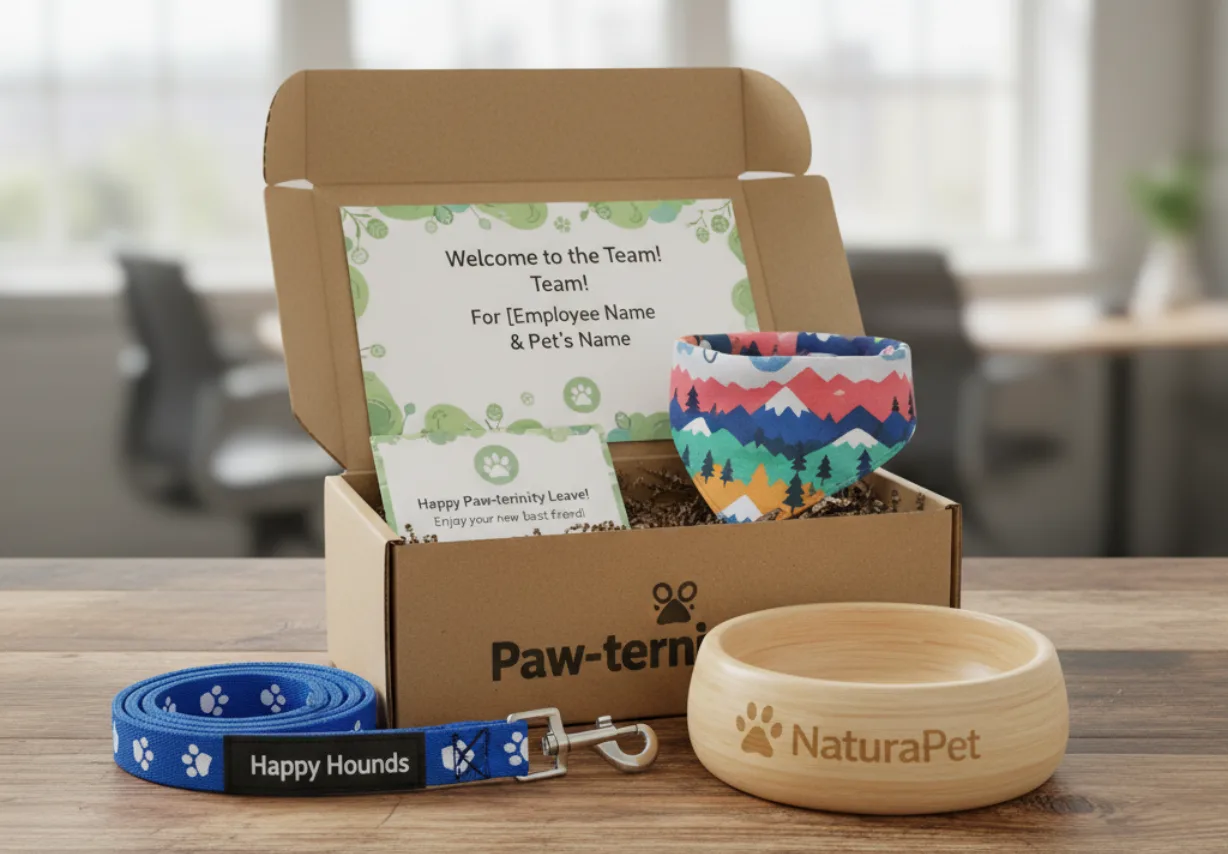 A beautifully arranged welcome kit for a new employee's pet, including a branded leash, bowl, and bandana in a custom box.