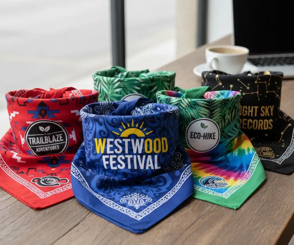 Several custom bandanas folded and displayed.