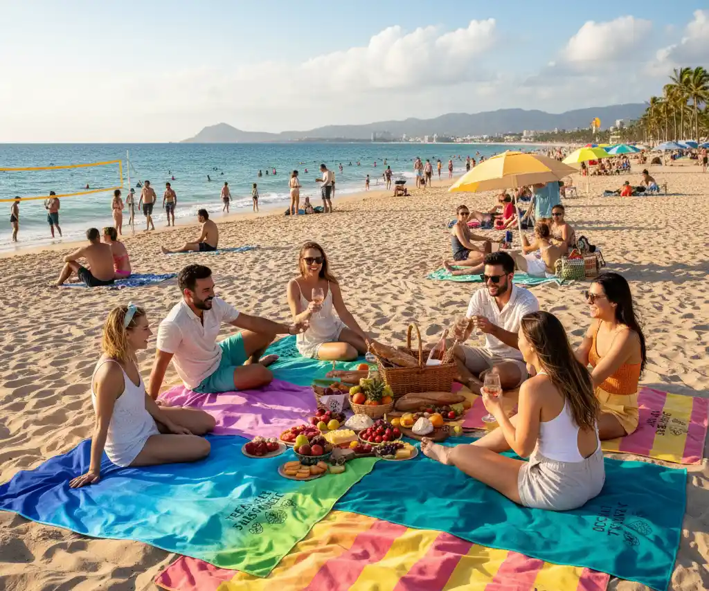 [一系列沙滩和休闲产品，包括定制超细纤维毛巾和保温冷藏袋。]