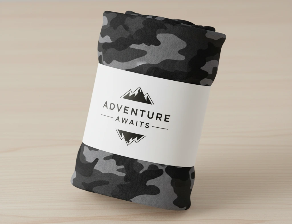 A rolled custom neck gaiter elegantly held together by a custom-printed paper belly band.