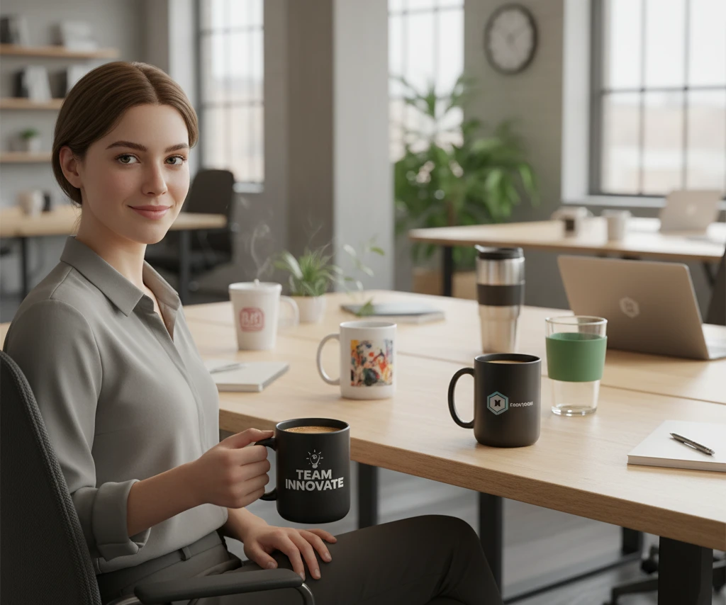 A modern office setting with a person holding a custom-branded ceramic mug.