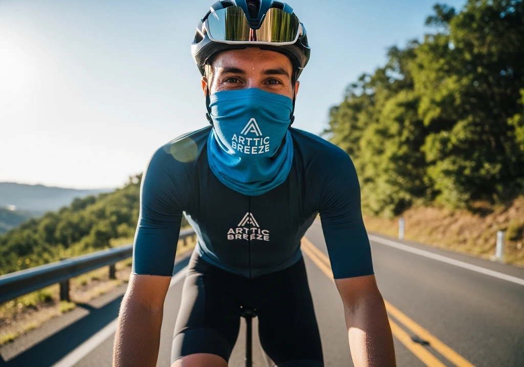 A smiling person wearing a custom branded cooling neck gaiter while cycling on a sunny day.
