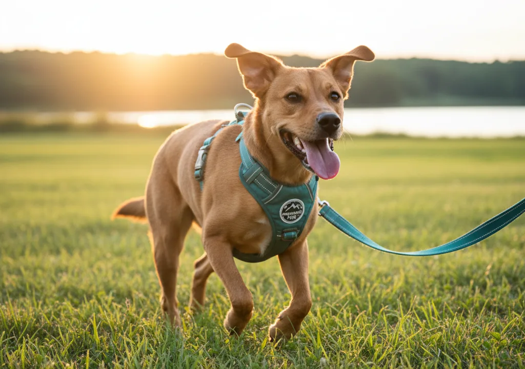 A custom-branded, padded, no-pull dog harness.