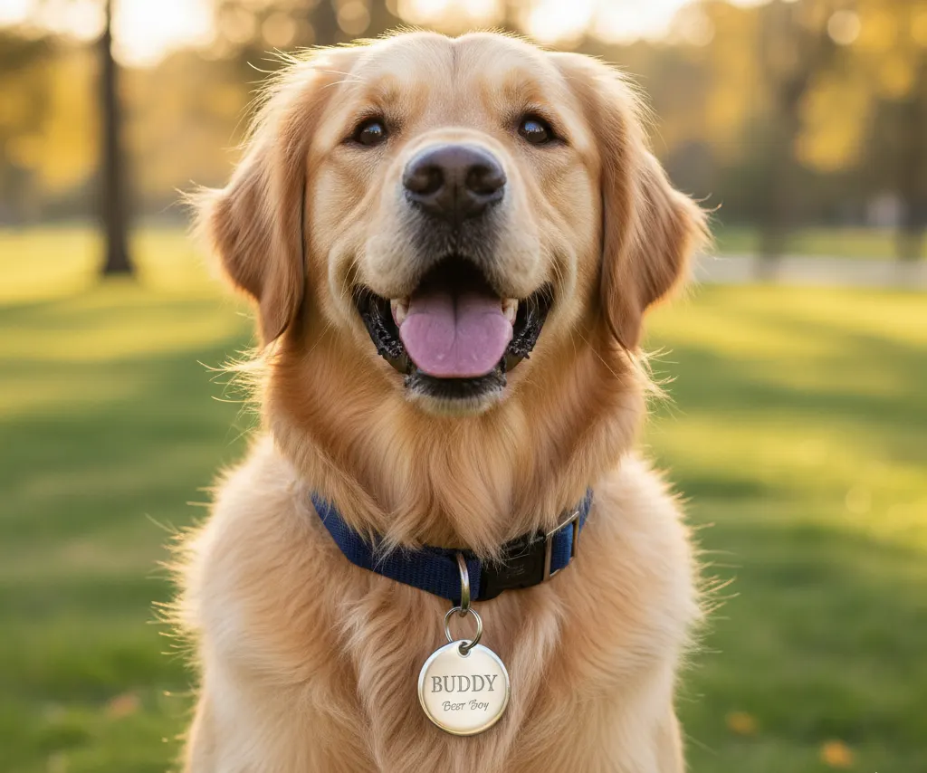 A close-up of a happy dog wearing a shiny, custom-engraved metal name tag on its collar.