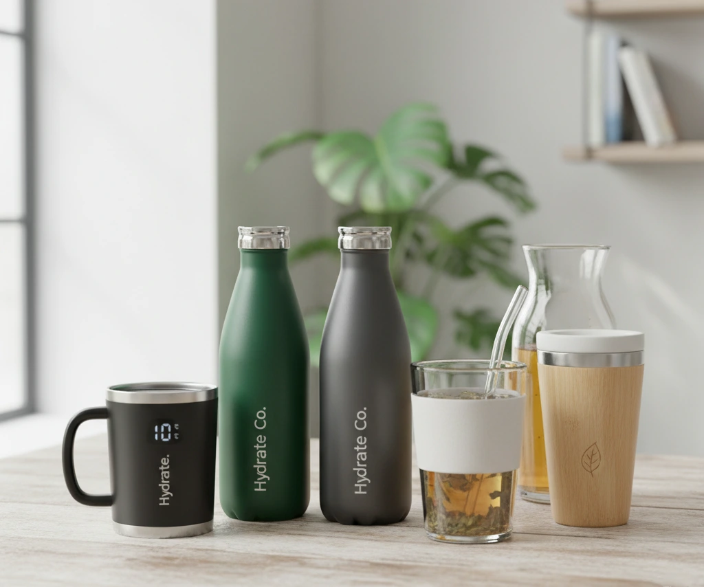 [一系列定制饮具，包括保温钢瓶和智能马克杯。]