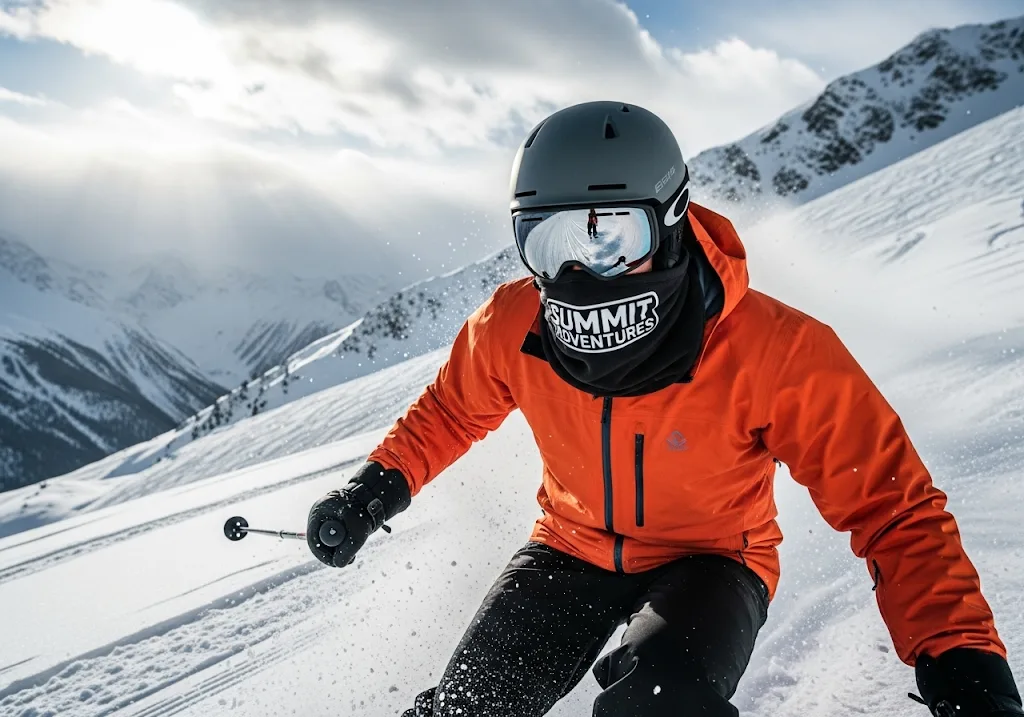 A person wearing a custom branded fleece neck gaiter while skiing on a snowy mountain slope.