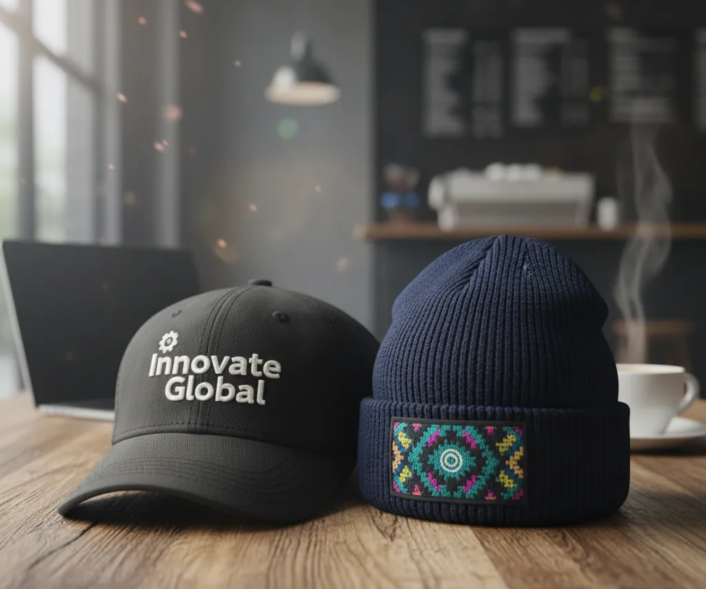 An assortment of custom hats and cozy branded beanies.