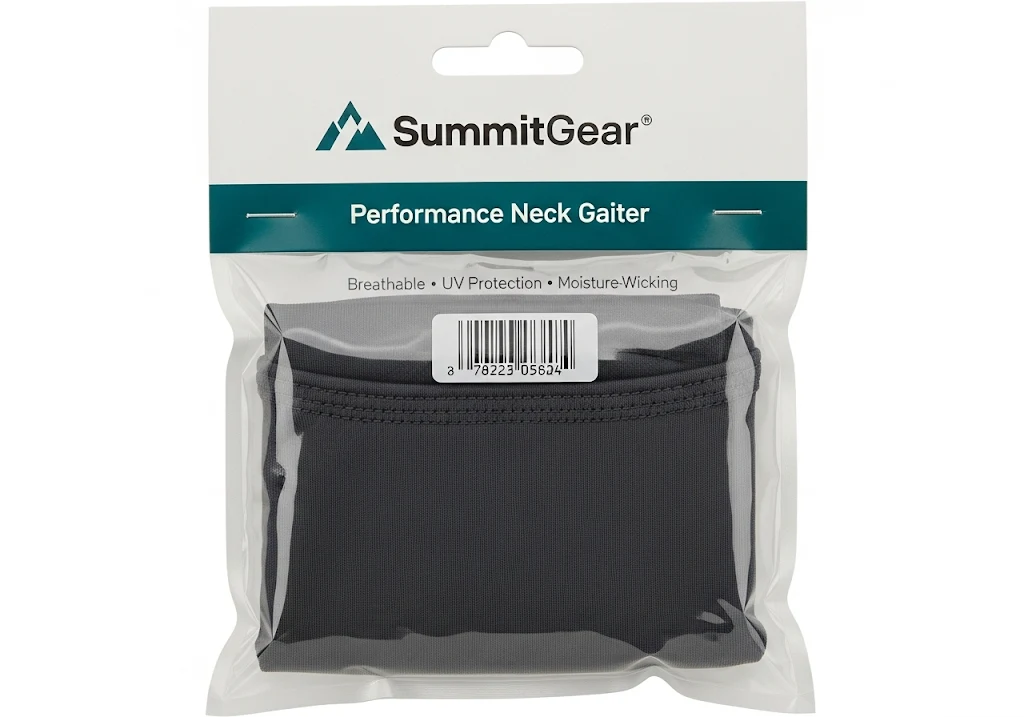 A neck gaiter neatly folded inside a clear poly bag, topped with a professionally designed and branded header card.