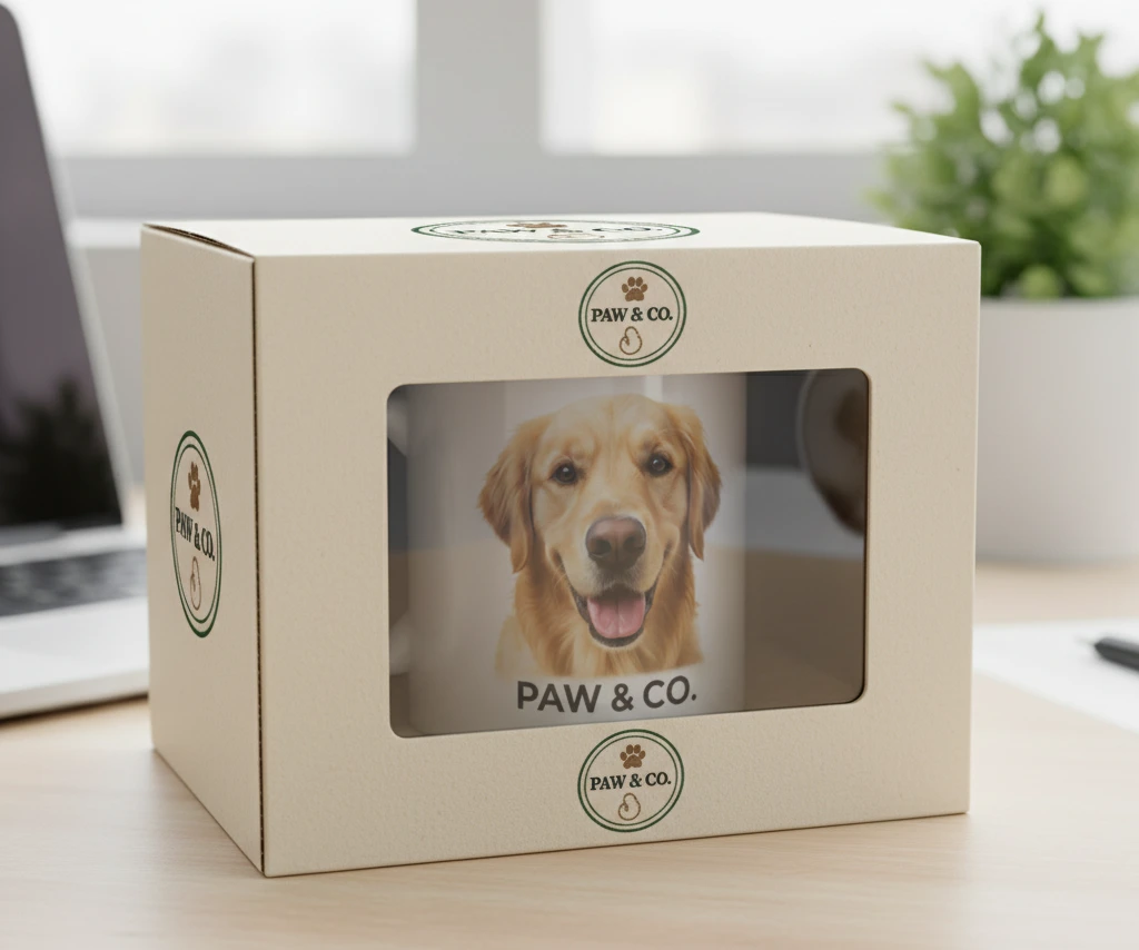 Custom gift box packaging with window showing the mug.