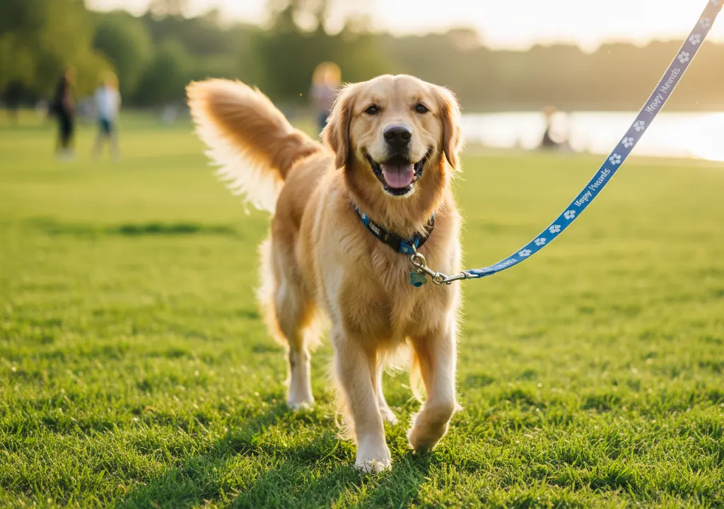 A happy dog on a walk in a park, proudly wearing a custom branded leash and collar.