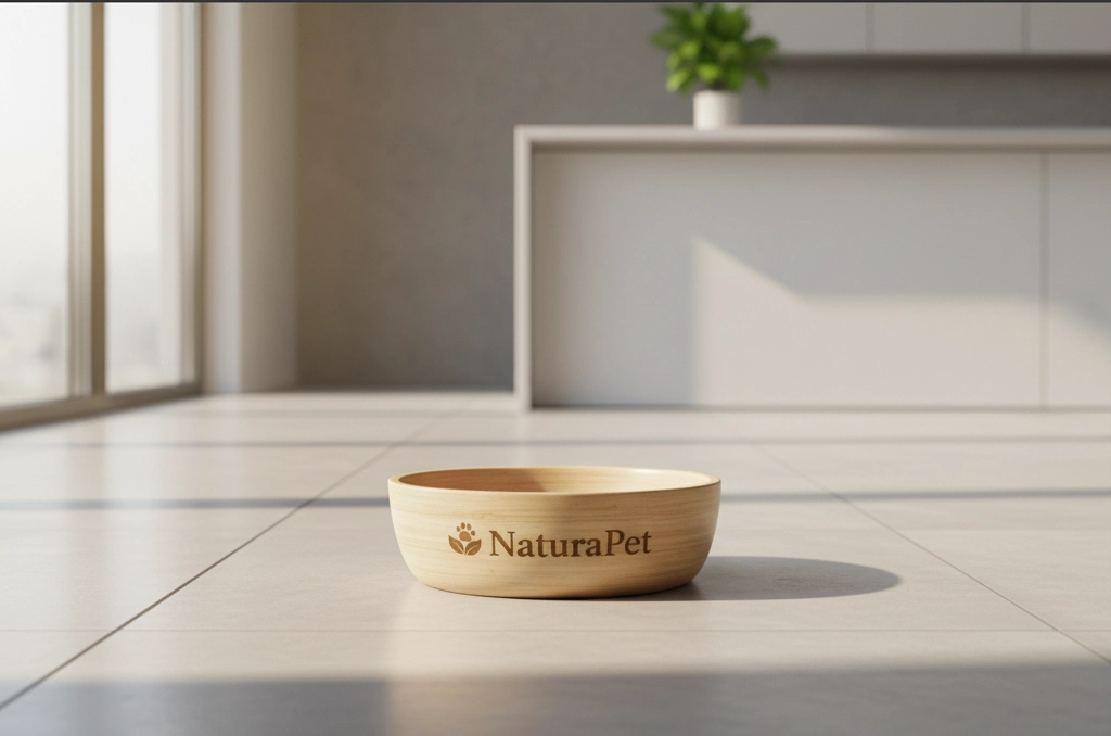 A stylish, custom-branded bamboo pet food bowl sitting on a clean, modern kitchen floor.