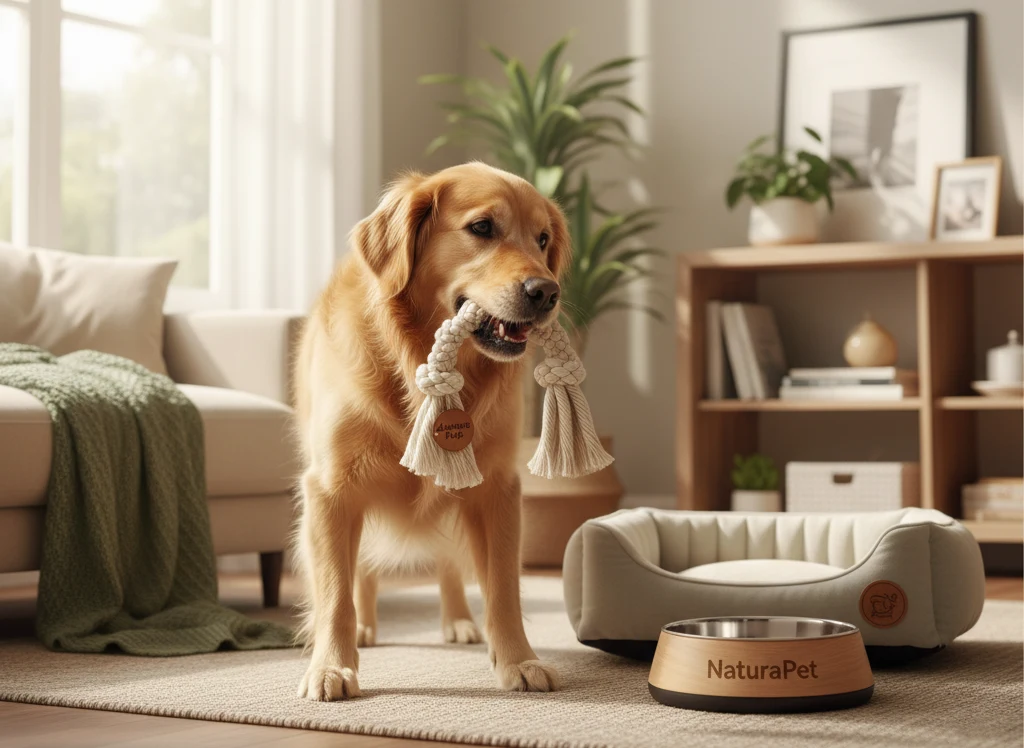 A cozy living room scene with a dog happily playing with a custom branded toy near a stylish, branded pet food bowl.