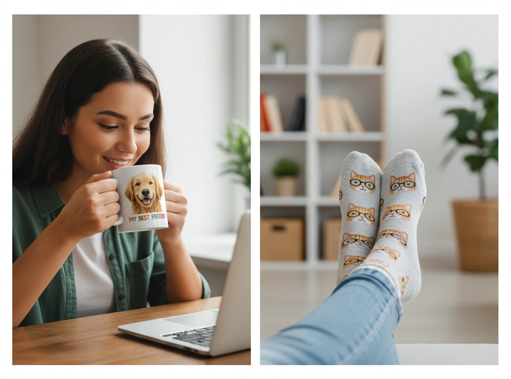 A collage showing people enjoying gifts for pet parents: one person drinks from a custom pet photo mug, another wears custom pet socks.