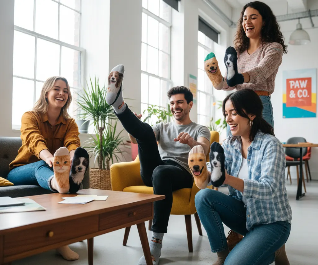 A fun collage of people in a creative office environment showing off their custom socks with photos of their pets' faces.