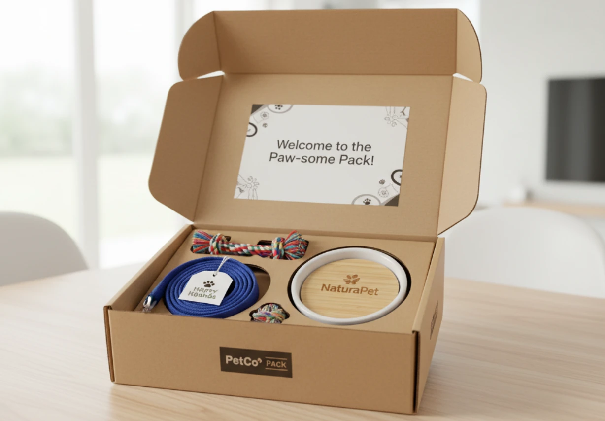 An open, custom-branded gift box revealing a curated set of pet products, including a leash and a toy, nestled in custom inserts.