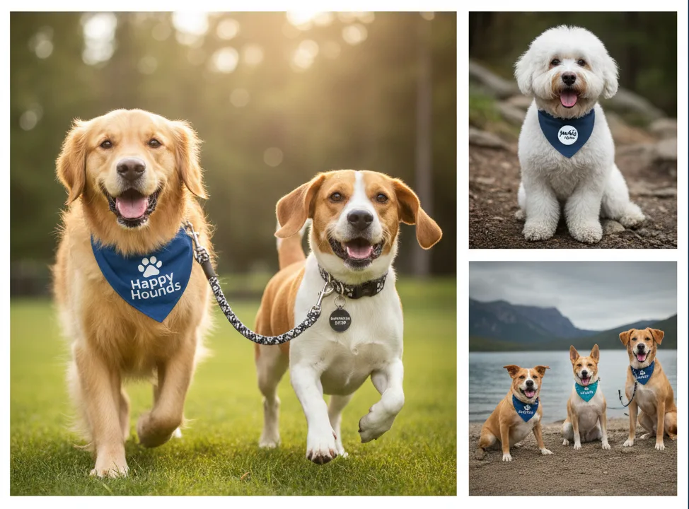 [一系列定制宠物产品，包括品牌牵引绳、项圈和玩具。]