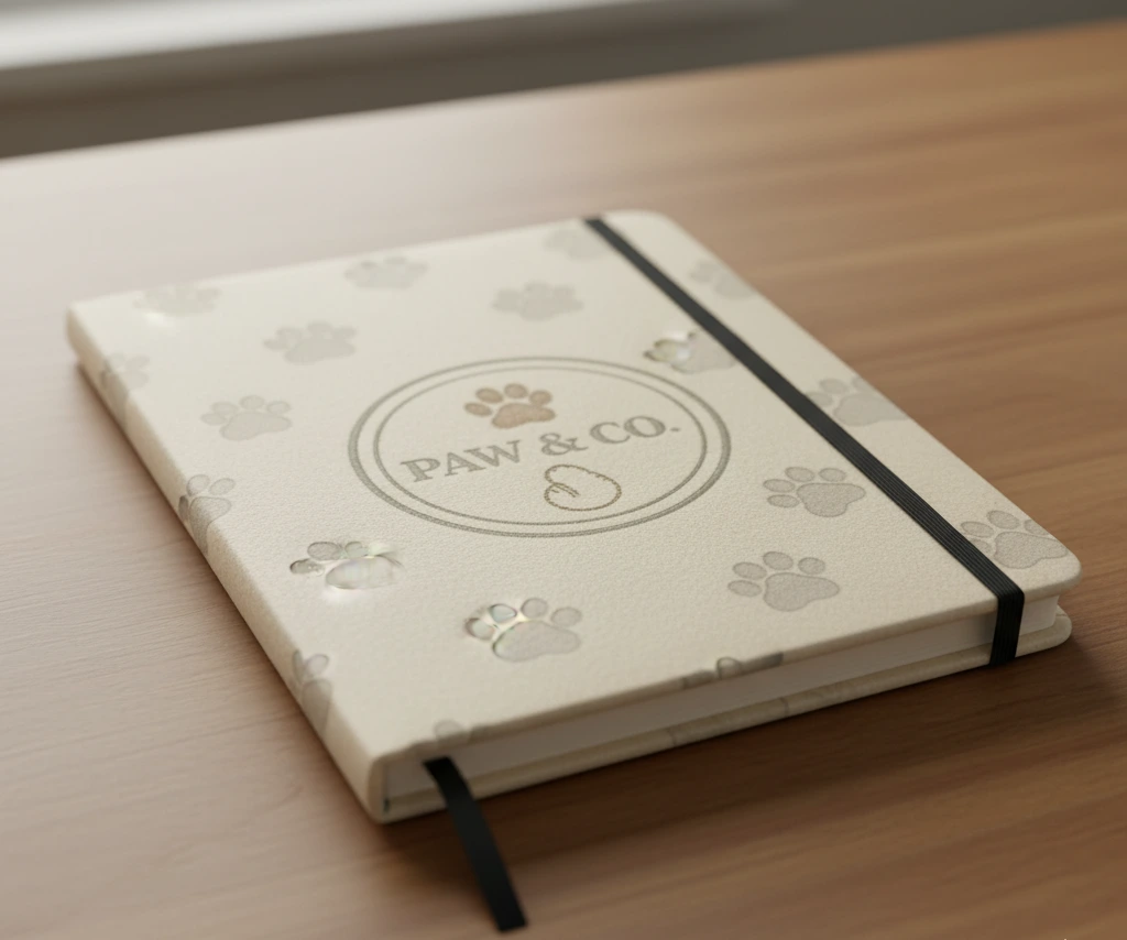 Close-up of premium notebook texture with debossed logo.