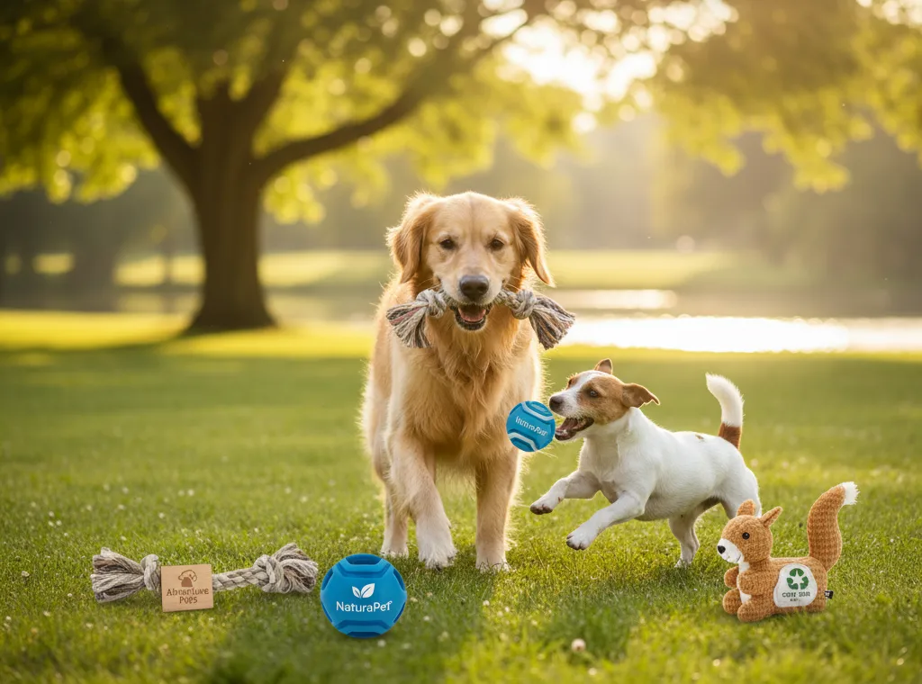 A happy dog enthusiastically playing with a collection of custom-branded, eco-friendly pet toys.