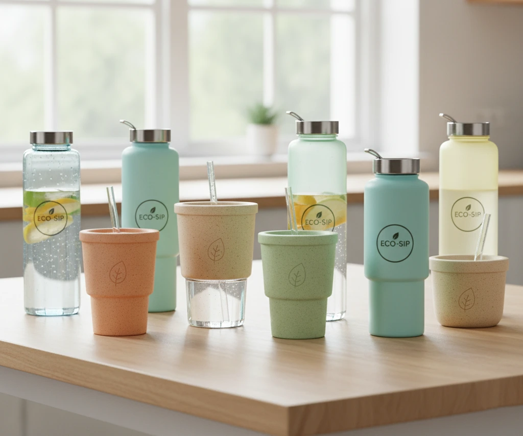 A colorful collection of custom-branded reusable water bottles made from various eco-friendly materials like rPET and wheat straw.