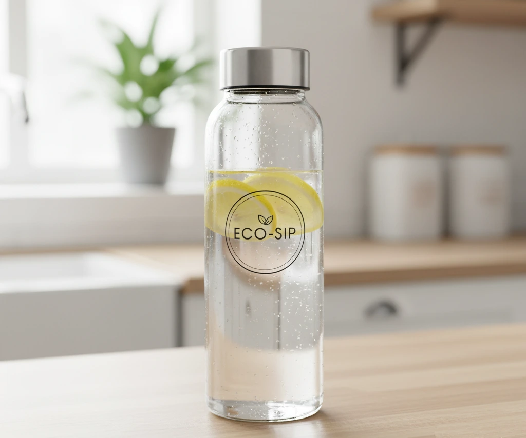 A clear, custom-branded water bottle made from rPET, showing its sleek and modern design.