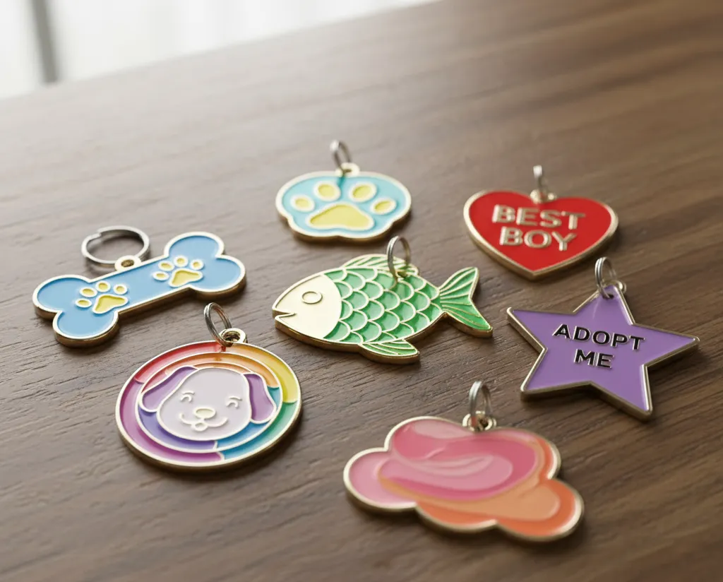 Collection of custom shaped tags with colorful enamel fill.