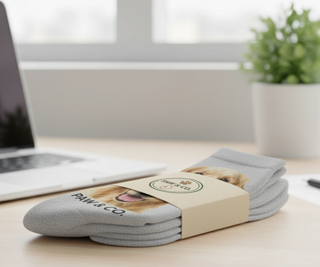 Pair of socks with custom branded belly band packaging.