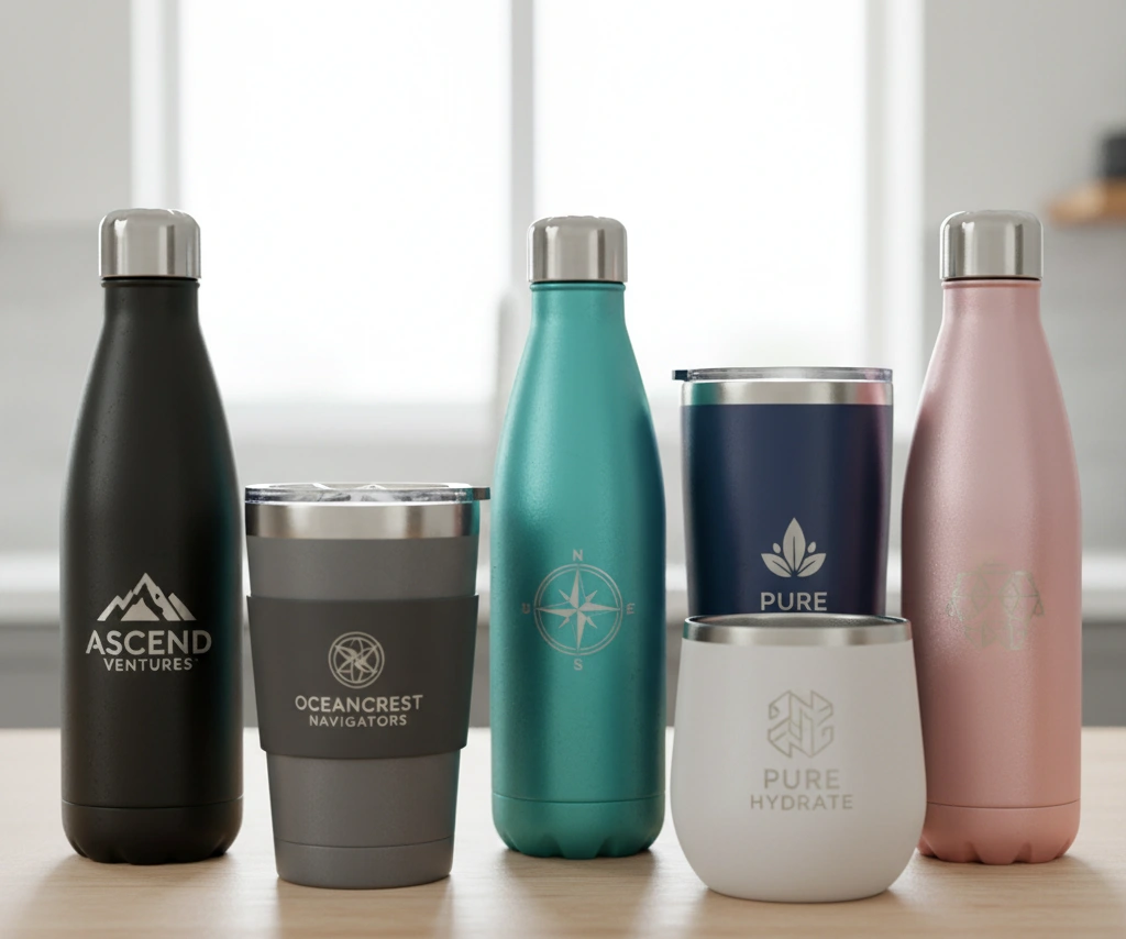 A collection of premium custom stainless steel water bottles and tumblers in various colors with elegant laser-engraved logos.