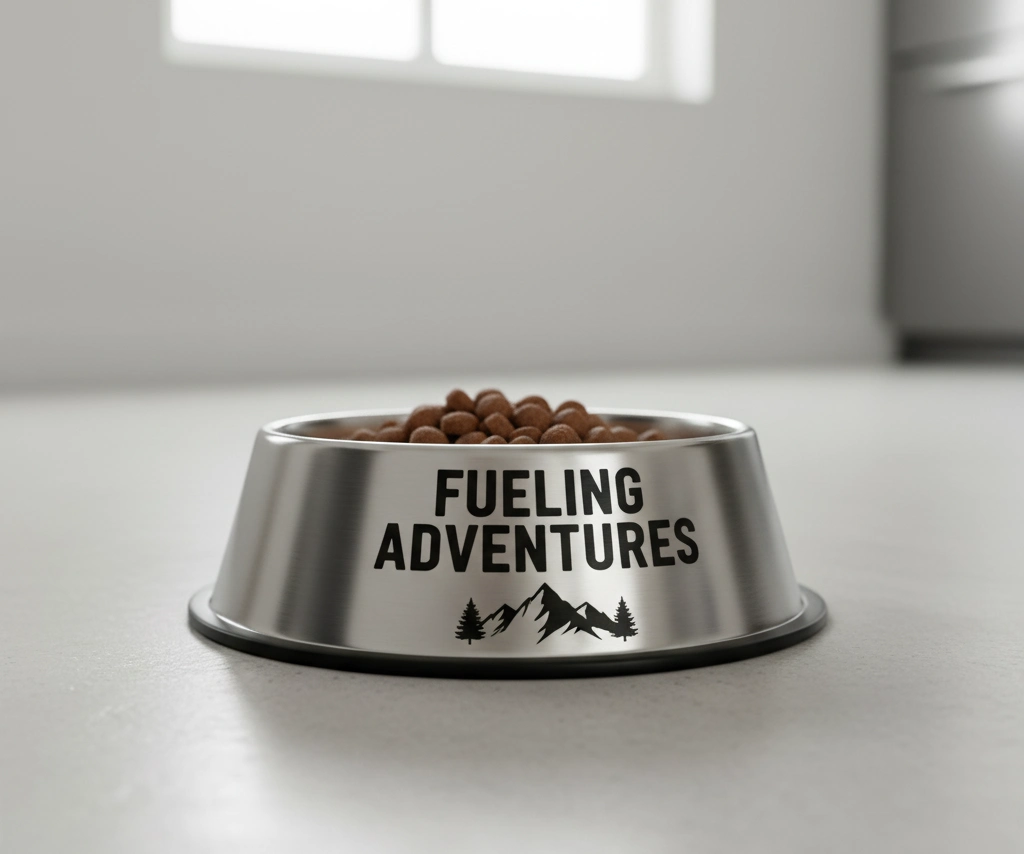 A clean, professional shot of a custom laser-engraved stainless steel dog bowl.