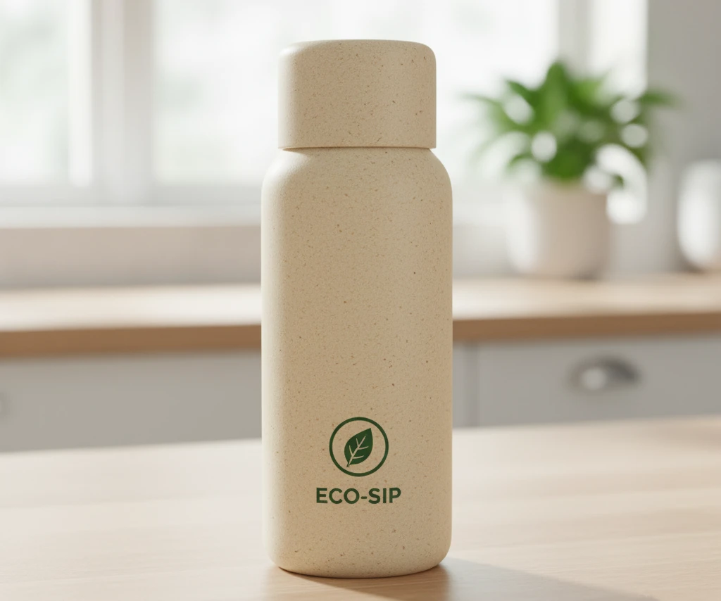 An elegant, natural-toned water bottle made from wheat straw composite with a simple, clean logo print.