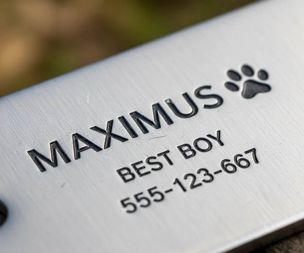 Macro shot showing the depth of laser engraving on a metal tag.