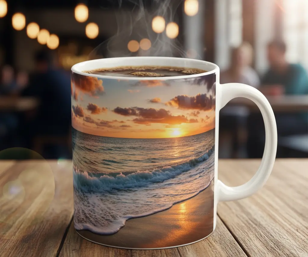 A ceramic mug with a stunning, full-color photographic image wrapped around it, showcasing the power of digital decal printing.