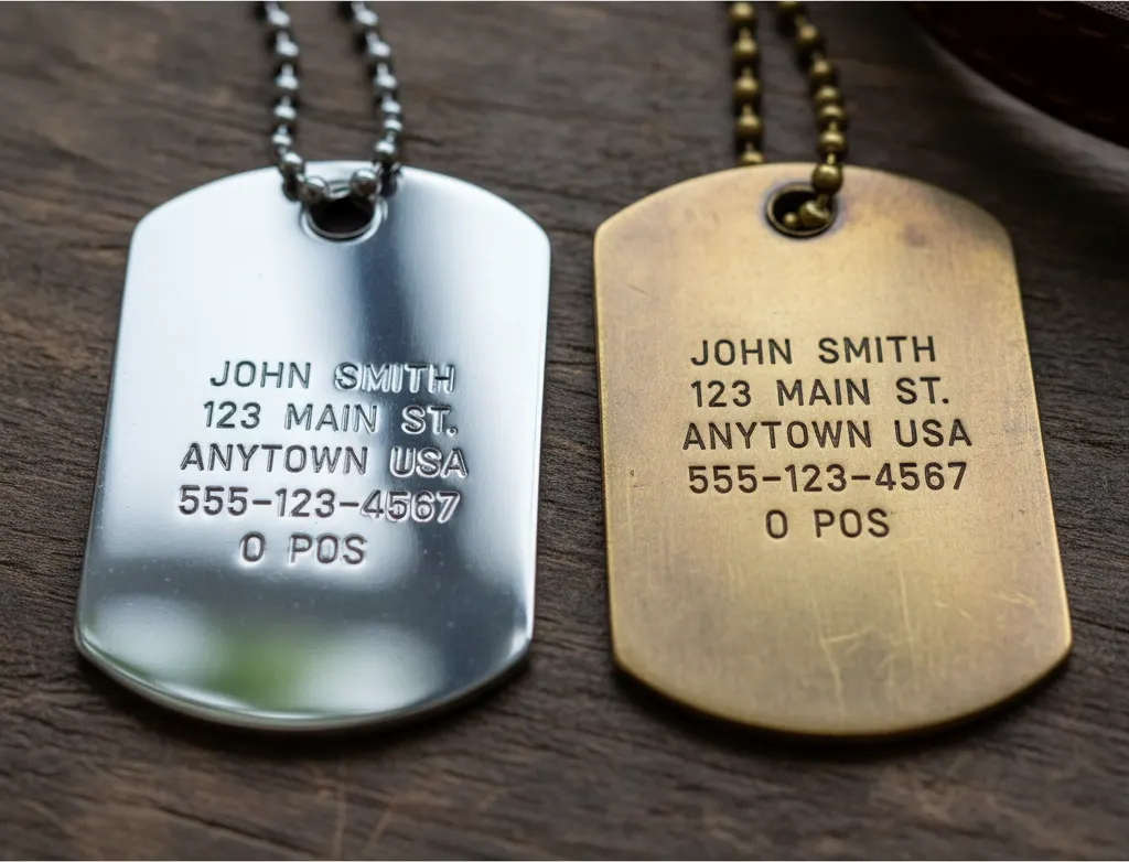 Side-by-side comparison of polished stainless steel and antique brass tags.
