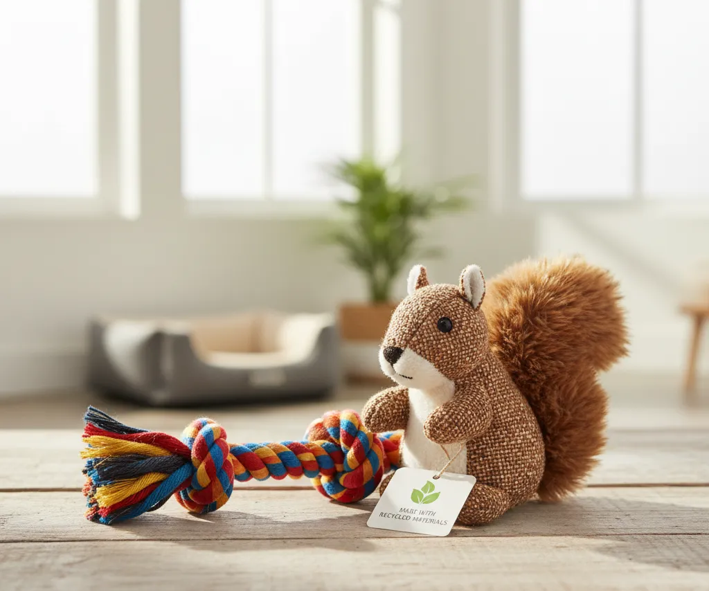 A collection of colorful and durable dog toys made from recycled cotton and rPET.