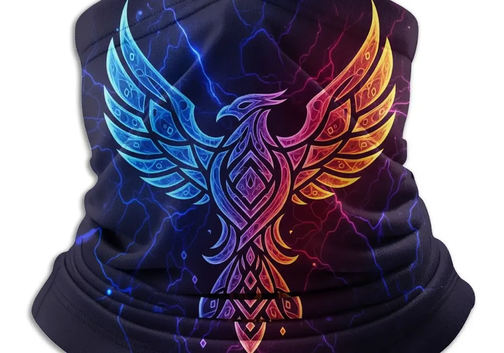 Close up of vibrant full color print on a cooling gaiter.