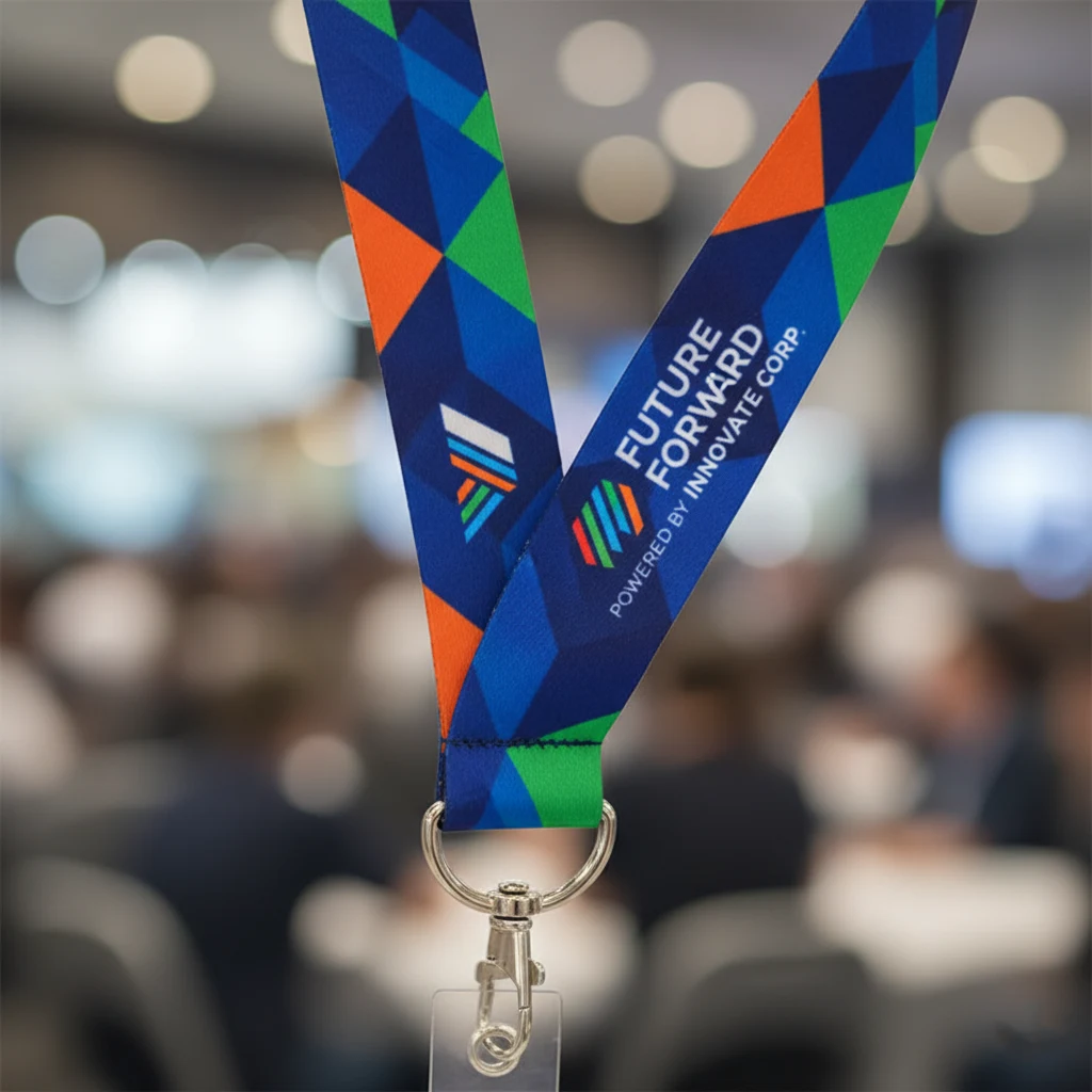 A close-up of a dye-sublimation lanyard with a complex, full-color sponsor logo printed edge-to-edge.