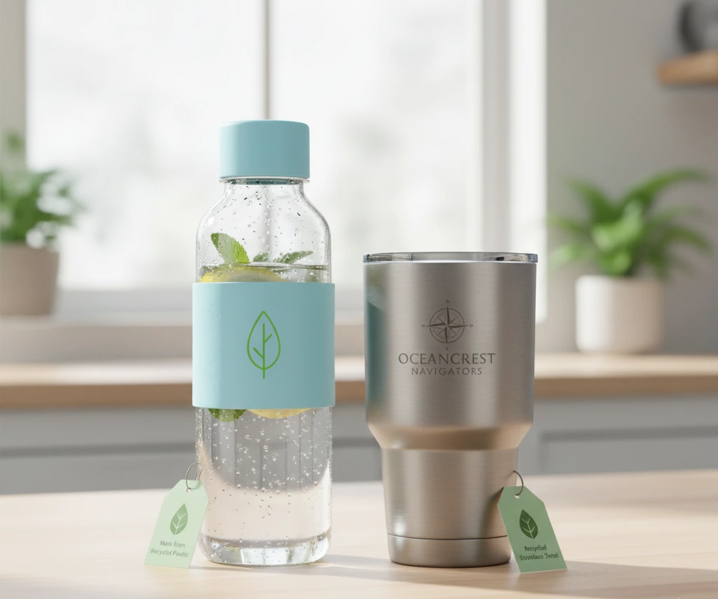 An eco-friendly rPET water bottle next to a recycled stainless steel tumbler, representing sustainable drinkware.