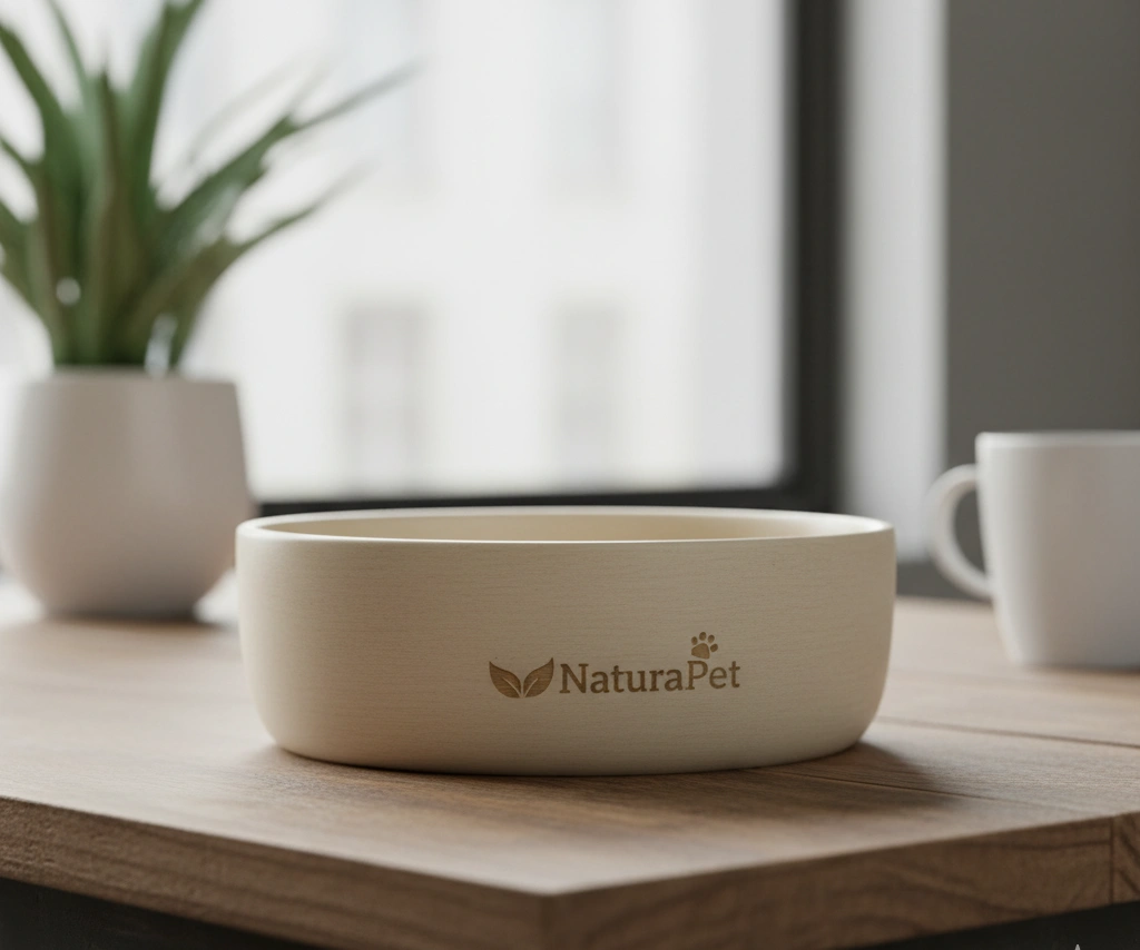 A stylish pet food bowl made from sustainable bamboo fiber.