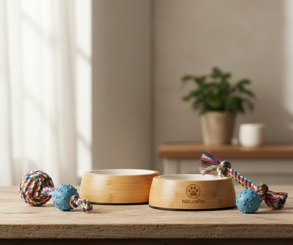 Eco-friendly pet bowls and toys.