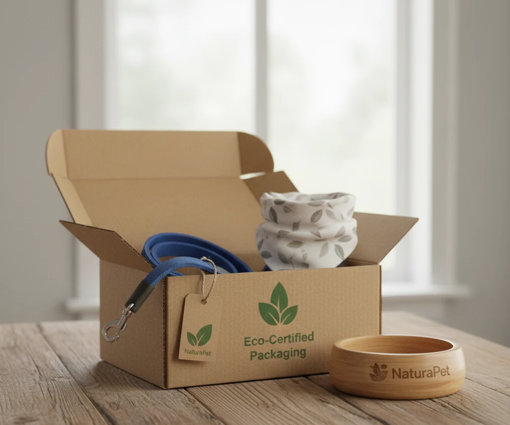 Pet products packaged using recycled cardboard and natural twine, with a small leaf icon indicating its eco-friendly nature.