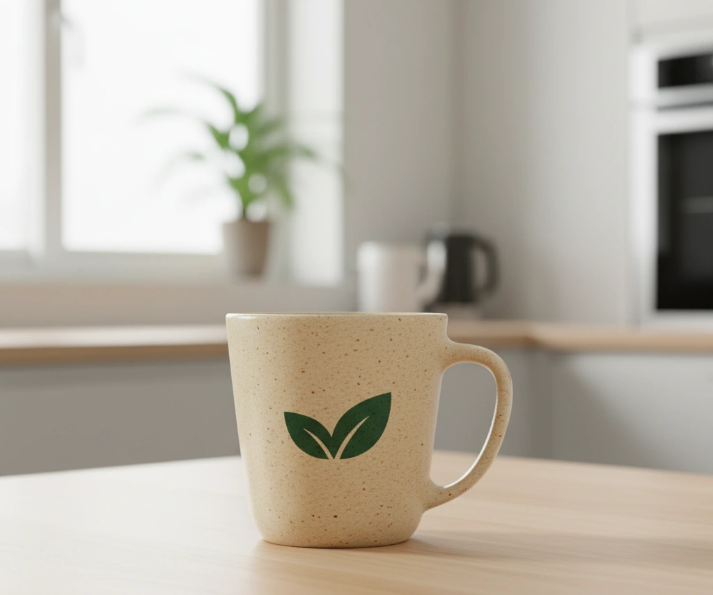 A lightweight, natural-toned mug made from wheat straw composite, featuring a clean brand logo.