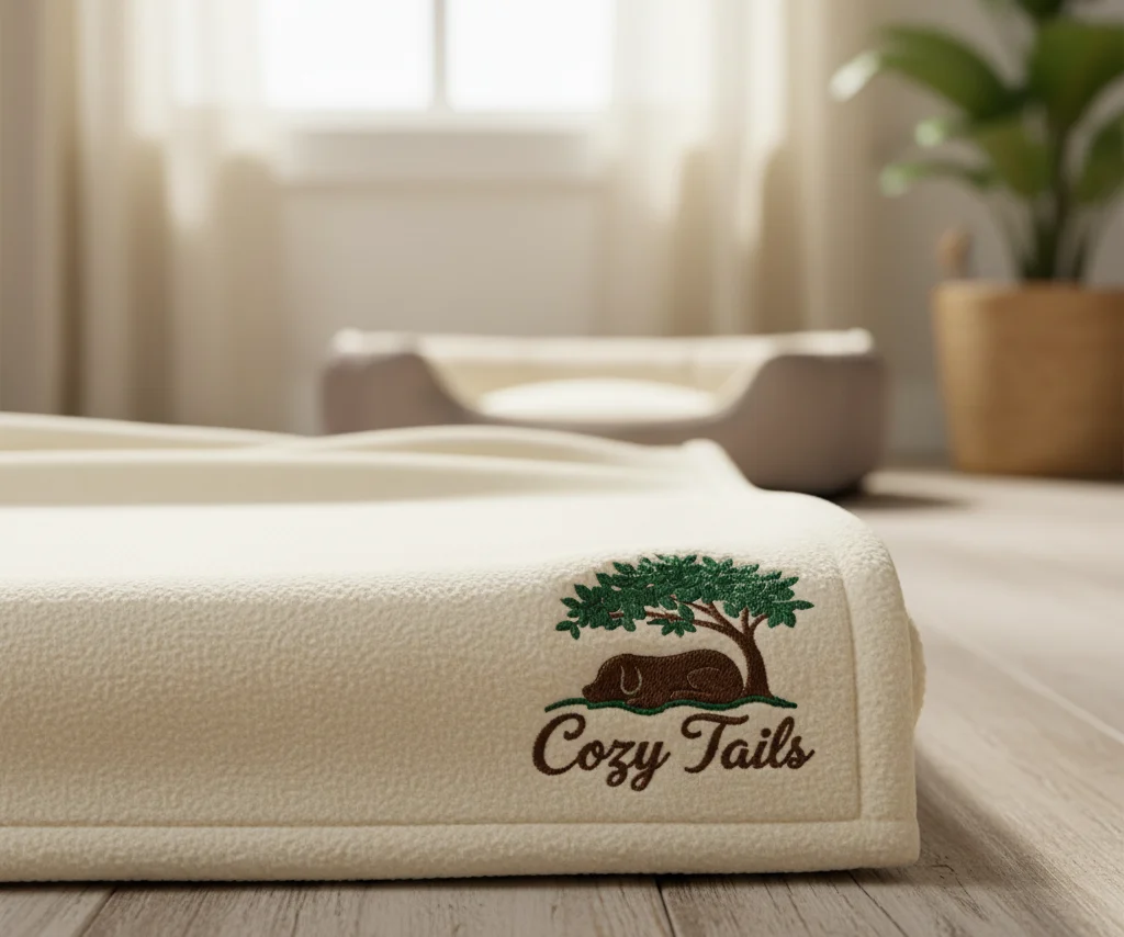 A close-up of a sophisticated embroidered logo on the corner of a plush recycled fleece pet blanket.