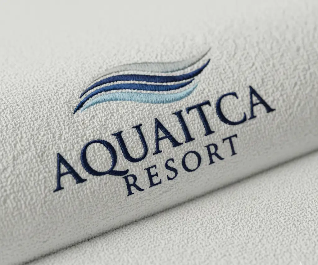 A detailed close-up of a precise, multi-color embroidered logo on the thick pile of a cotton terry towel.