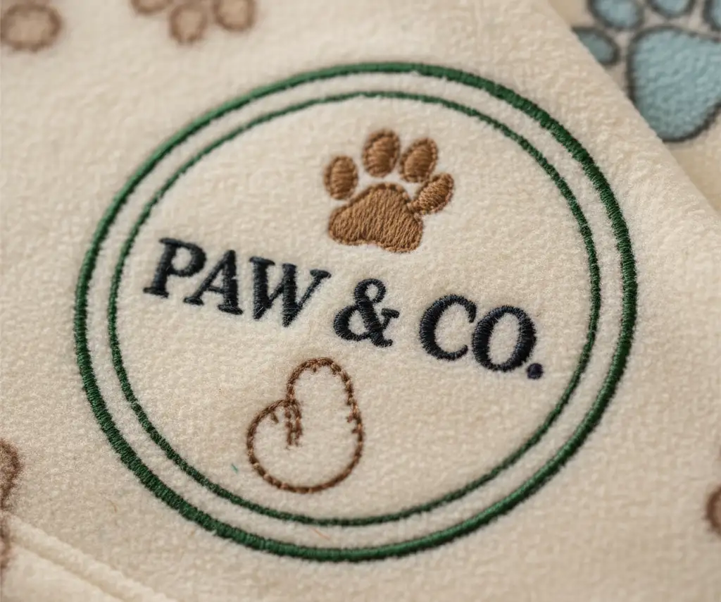 Close up of high-density multi-color embroidery on fleece.