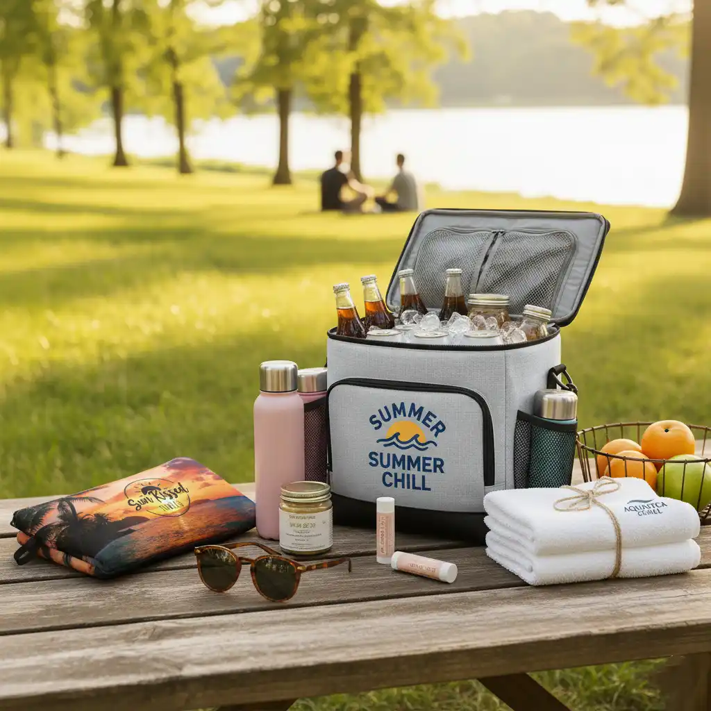 A beautifully arranged 'Summer Friday' employee gift kit, featuring a custom cooler bag and other wellness items.