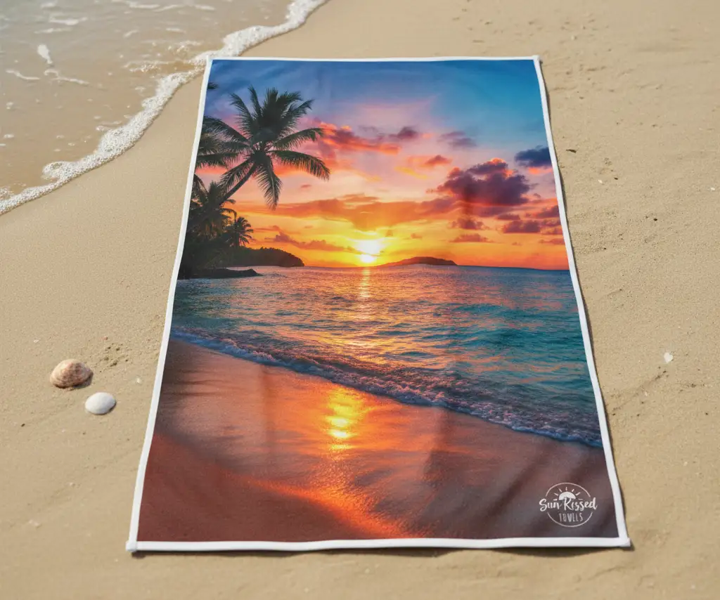 A beautiful, vibrant sunset scene printed in photographic quality across the entire surface of a microfiber towel.